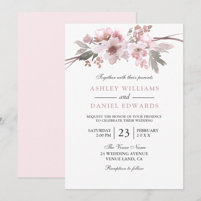 Elegant Blush & Grey White Floral Wedding Invitation (Front/Back)