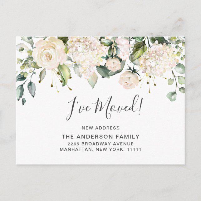 Elegant Blush Hydrangea Roses Moving Announcement Postcard (Front)