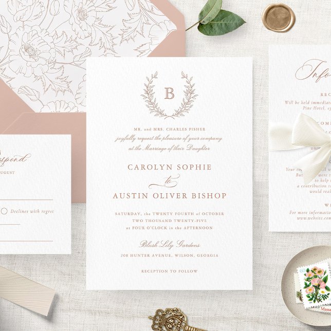 Elegant Blush Laurel Wreath Wedding Monogram Invitation (Creator Uploaded)