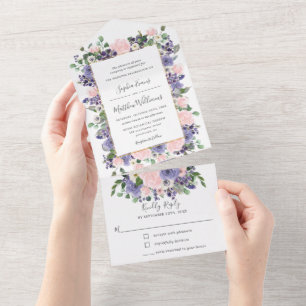 Elegant Blush & Lavender Floral Gold Wedding All In One Invitation