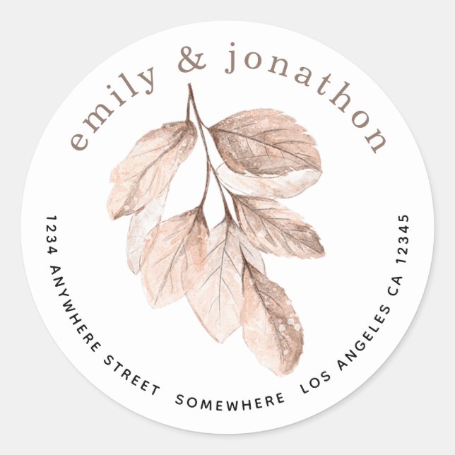 Elegant Blush Leaves Return Name Address Classic Round Sticker (Front)