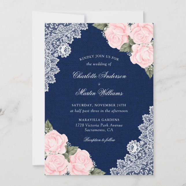 Elegant Blush Navy Blue Burlap Lace Floral Wedding Invitation (Front)