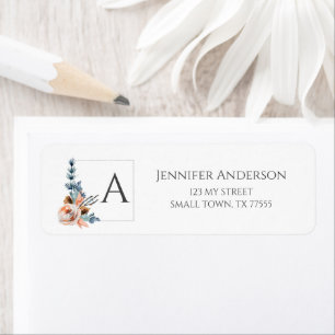 Elegant Blush Peach Blue Floral Initial Address