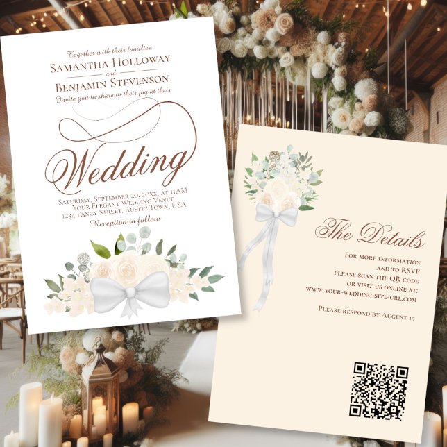 Elegant Blush Peach Floral Bouquet QR Code Wedding Invitation (Front/Back)