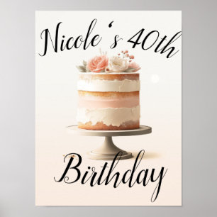 Elegant Blush Peach Floral Cake Birthday Party Poster