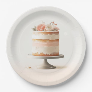 Elegant Blush Peach Floral Cake Bridal Shower  Paper Plate