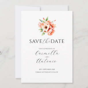 Elegant Blush Peach Floral Flat Save The Date Card