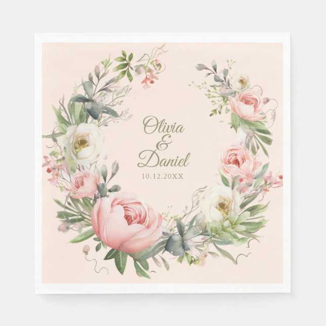 Elegant Blush & Peach Peony Wedding Napkin (Front)