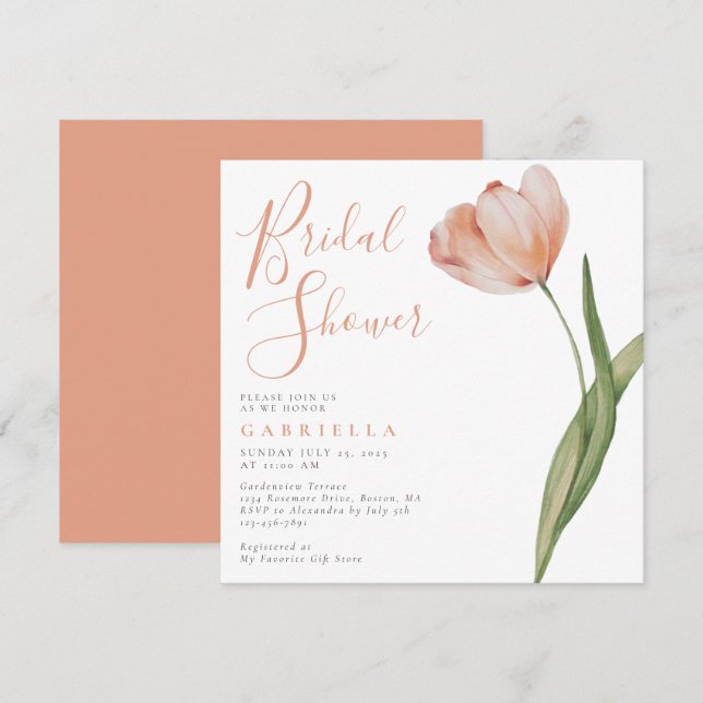 Elegant Blush Peach Watercolor Tulip Bridal Shower Invitation (Front/Back)