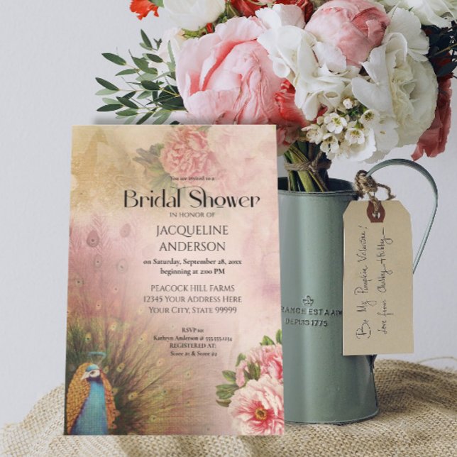 Elegant Blush Peacock Peony Flowers Bridal Shower Invitation (Creator Uploaded)