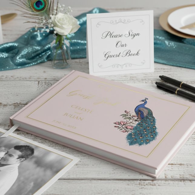 Elegant Blush Peacock Photo Wedding Guest Book (Elegant Modern Pink Floral Peacock Wedding Guest Books. Bird, Ornate Teal Feathers, Chic Gold Foil)