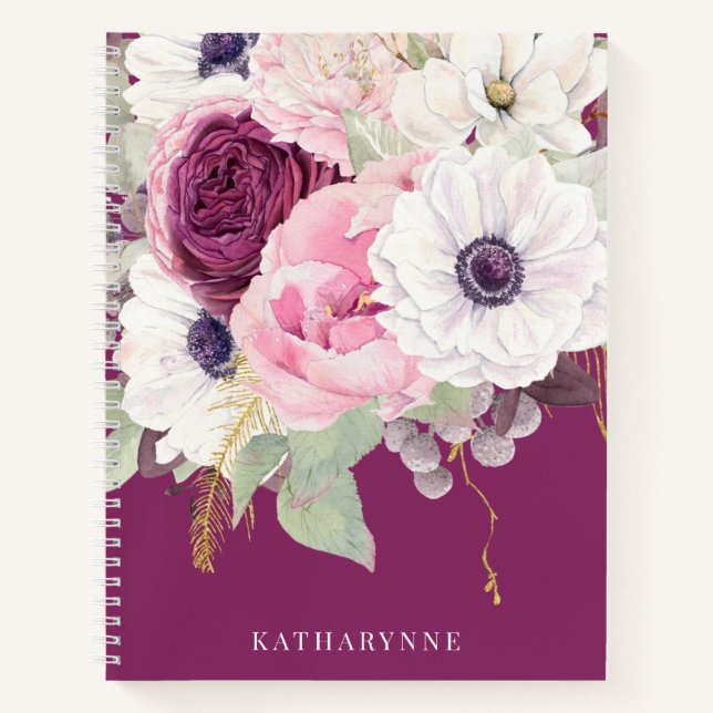 Elegant Blush Peony Botanical Floral Monogram Notebook (Front)