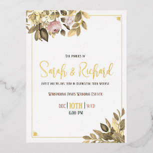 Elegant Blush Peony Gold Foil Botanical Wedding Invitation Postcard