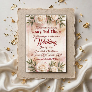Elegant Blush Peony Gold Frame Wedding Invitation