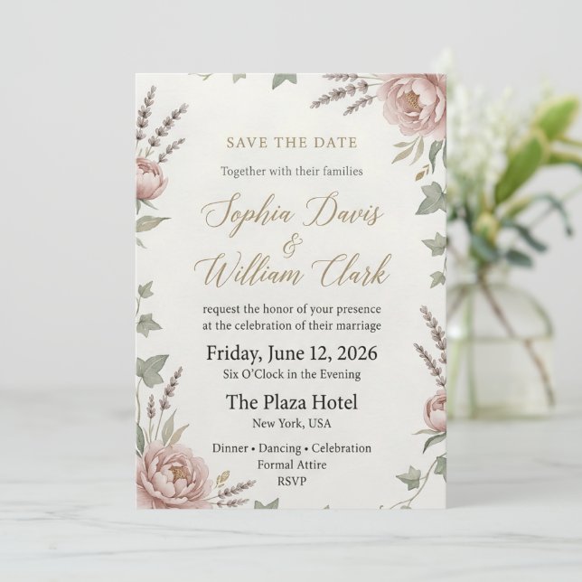 Elegant Blush Peony Wedding Save the Date (Standing Front)