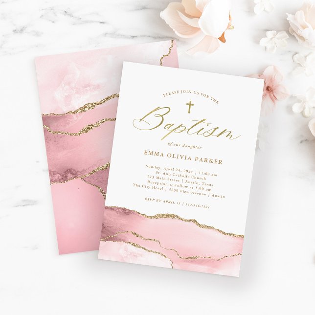 Elegant Blush Pink Agate with Gold Cross | Baptism Invitation (Creator Uploaded)