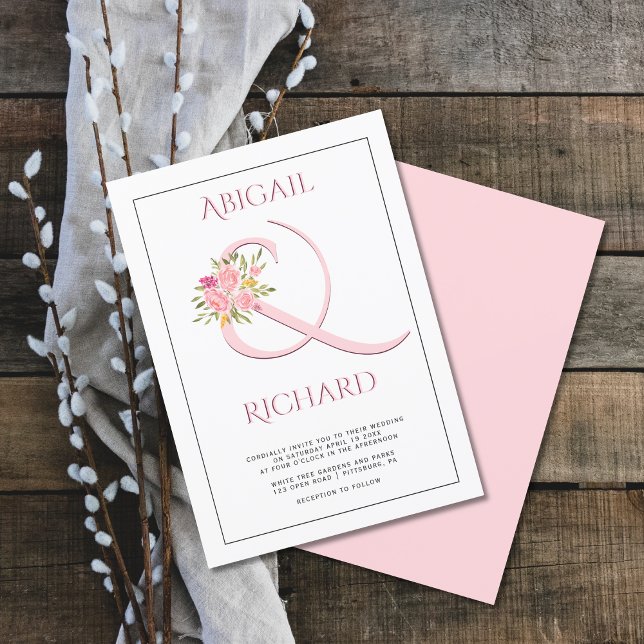 Elegant blush pink ampersand, pink roses wedding invitation (Creator Uploaded)