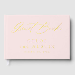 Elegant Blush Pink and Gold Calligraphy Wedding Guest Book