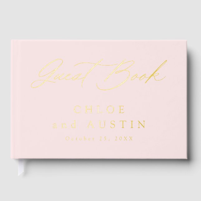 Elegant Blush Pink and Gold Calligraphy Wedding Guest Book (Front)
