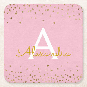 Elegant Blush Pink and Gold Foil Confetti Monogram Square Paper Coaster
