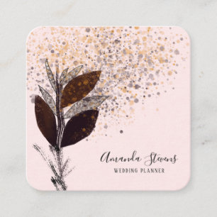 Elegant Blush Pink and Gold Leaves and Spatter Square Business Card