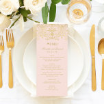 Elegant Blush Pink and Gold Vintage Glam Wedding Menu<br><div class="desc">Elegant and glamourous vintage art deco inspired wedding dinner menu card design features an ornate decorative border design with a metallic champagne gold shimmer appearance and blush pink background colour.</div>