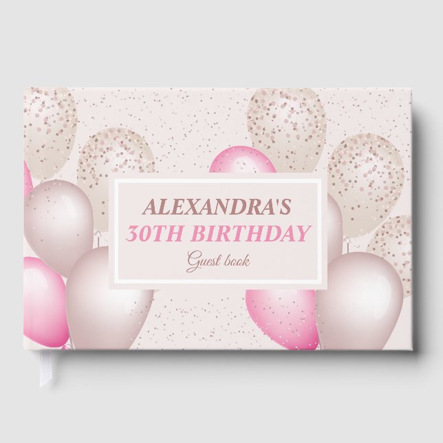 Elegant Blush Pink Balloons Birthday Guest Book (Front)