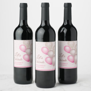 Elegant Blush Pink Beige Balloons Birthday Wine Label