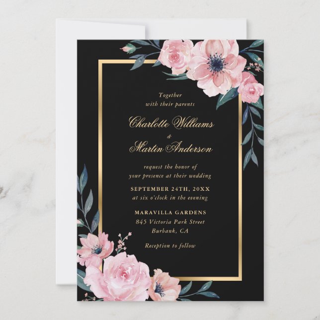 Elegant Blush Pink Black Gold Floral Wedding Invitation (Front)