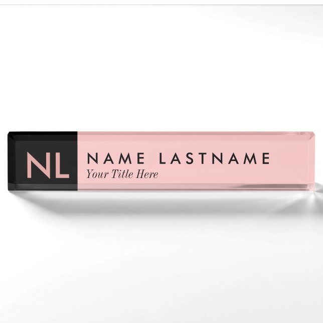 Elegant Blush Pink Black Monogram Desk Nameplate (Front)
