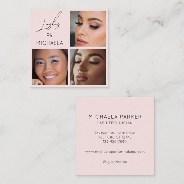 Elegant Blush Pink Black Script 3 Photo Lashes Square Business Card (Front/Back)