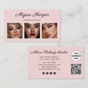 Elegant Blush Pink Black Script 3 Photo Makeup Business Card