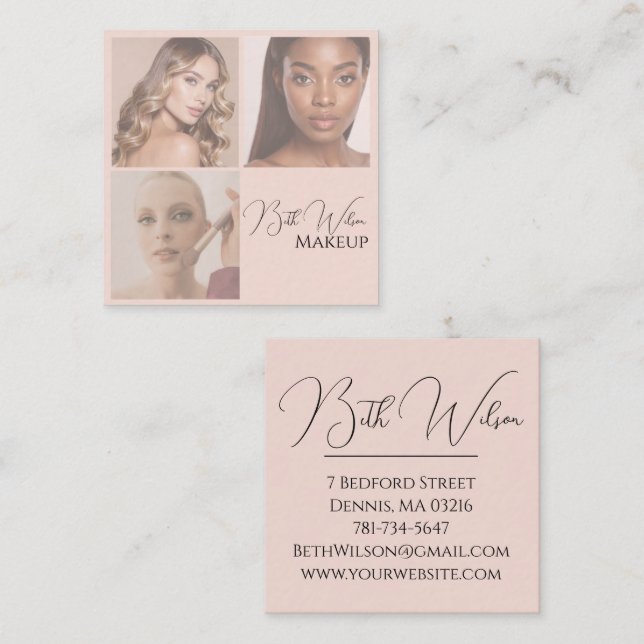 Elegant Blush Pink Black Script 3 Photo Makeup Squ Square Business Card (Front/Back)