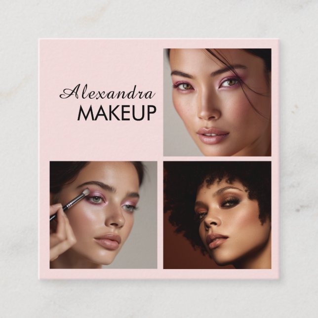 Elegant Blush Pink Black Script 3 Photo Makeup Square Business Card (Front)