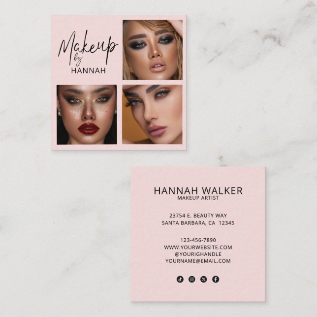 Elegant Blush Pink Black Script 3 Photo Makeup  Square Business Card (Front/Back)