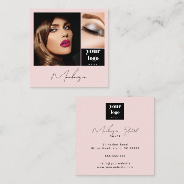 Elegant Blush Pink Black Script 3 Photo Makeup Square Business Card (Front/Back)