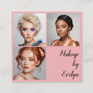 Elegant Blush Pink Black Script 3 Photo Makeup Square Business Card