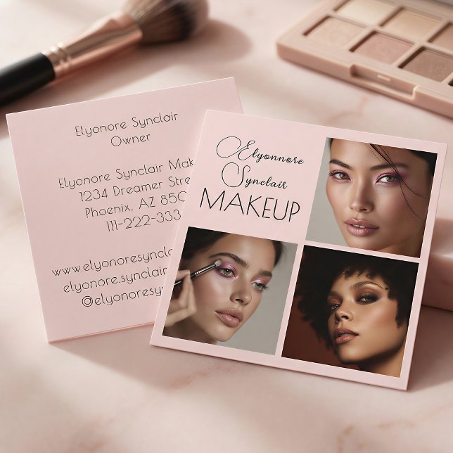 Elegant Blush Pink Black Script 3 Photo Makeup Square Business Card (Creator Uploaded)