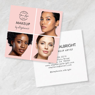 Elegant Blush Pink Black Script 3 Photo Makeup Square Business Card