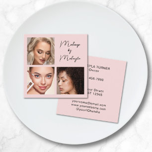 Elegant Blush Pink Black Script 3 Photo Makeup Square Business Card