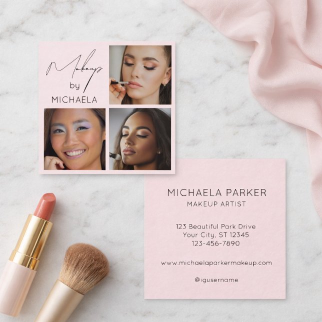 Elegant Blush Pink Black Script 3 Photo Makeup  Square Business Card (Creator Uploaded)