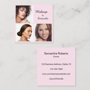 Elegant Blush Pink Black Script 3 Photo Makeup Square Business Card