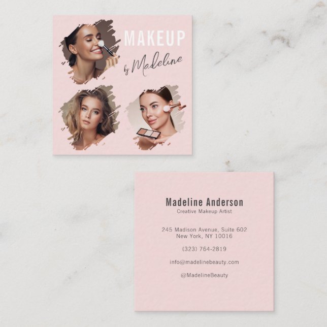 Elegant Blush Pink Black Script 3 Photo Makeup Square Business Card (Front/Back)