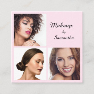 Elegant Blush Pink Black Script 3 Photo QR Makeup Square Business Card