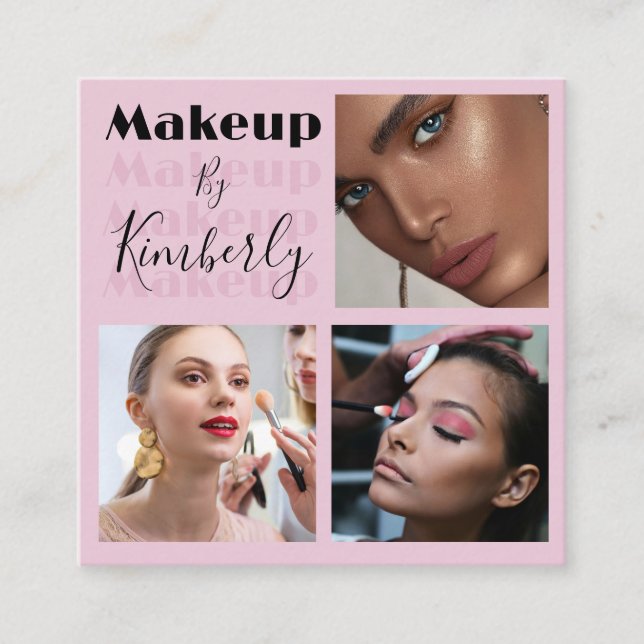 Elegant Blush Pink Black Script 3 Photo Square Business Card (Front)