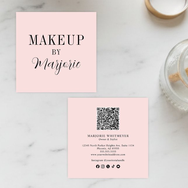 Elegant Blush Pink Black Script QR Code Makeup Square Business Card (modern black blush pink script photo makeup square business card elegant minimalist simple)