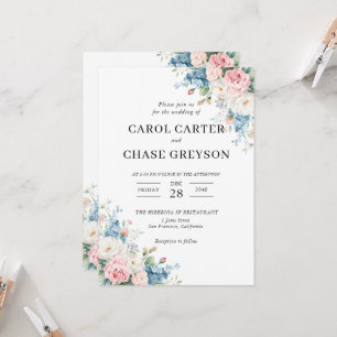 Elegant Blush Pink & Blue Floral Wedding Invitation