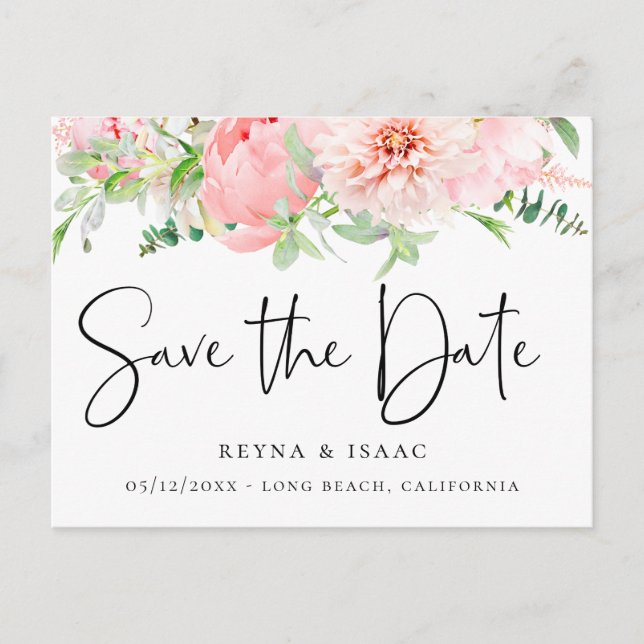 Elegant Blush Pink Botanical Save the Date Announcement Postcard (Front)
