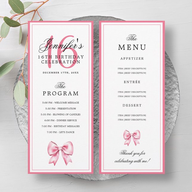 Elegant Blush Pink Bow 16th Birthday Program Menu  (Elegant Blush Pink Bow 16th Birthday Program Menu)