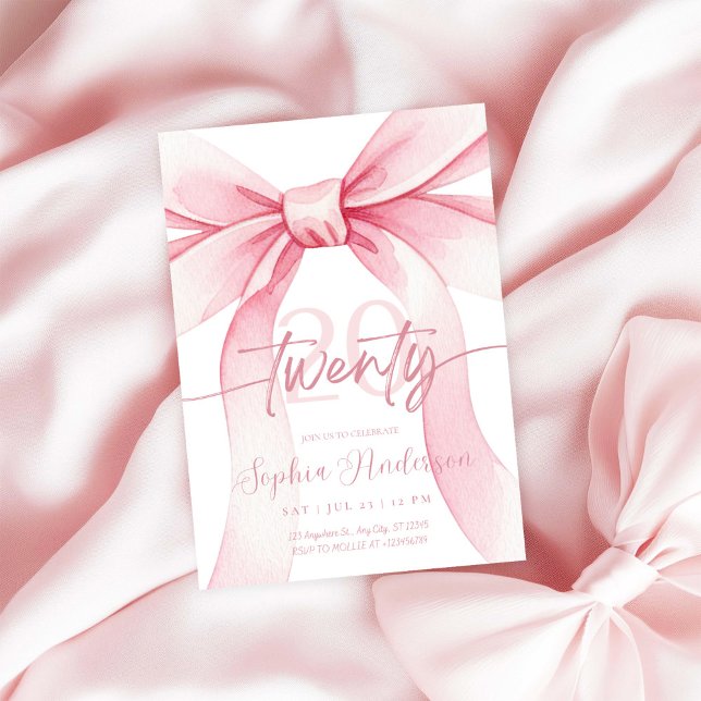 Elegant Blush Pink Bow 20th Birthday Invitation (Creator Uploaded)